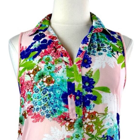 Femme Women’s Top Collared Sleeveless Mixed Media Pink Blue Multi Floral Size XL - Picture 5 of 12